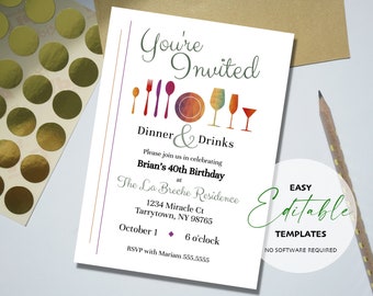 Printable You're Invited Dinner & Drinks Dinner Party Einladungsvorlage, Editieren, Downloaden und Teilen