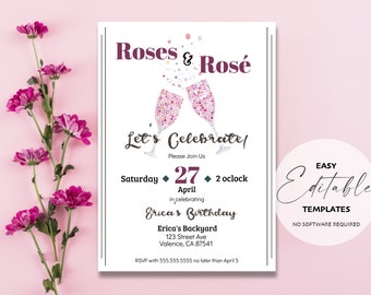 Roses und Rosé Geburtstagsfeier-Einladung Vorlage | Bearbeiten, Herunterladen, Drucken oder digital senden