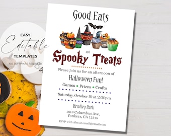 Printable Good Eats and Spooky Treats Halloween Party Invitataion Template, Edit, Download, Print and Share