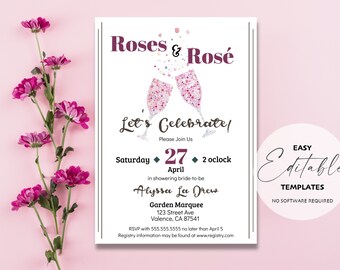 Rosen und Rosé Brautdusche Party Einladung Vorlage | Bearbeiten, Herunterladen, Drucken oder digital senden