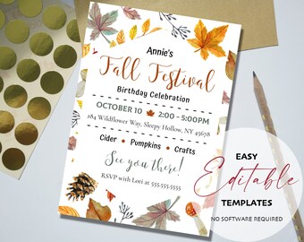 Printable Fall Festival Birthday Party Celebration Invitation Template, Edit, Download, Print and Share