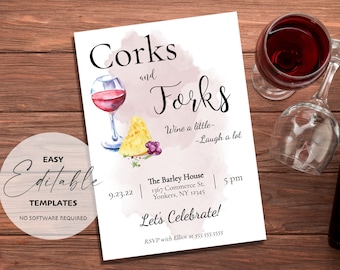 Ausdruckbare Korken und Gabeln - Wine and Cheese - Wine a Little Laugh A Little Laugh A Lot Digitale Party Einladung
