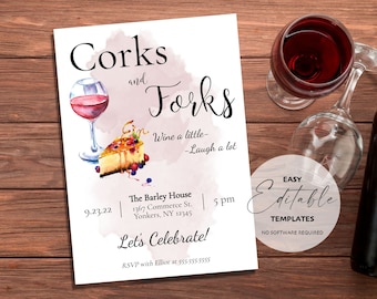 Druckbare Korken und Gabeln Wein ein wenig Laugh Alot Party Einladung Vorlage