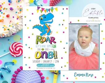 Printable Double Sided Dinosaur First Birthday Party Invitation Template | Edit, Print & Download