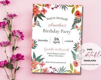 Floral Garten-Geburtstags-Party Einladung Vorlage | Digitale Datei - Herunterladen, drucken oder digital senden