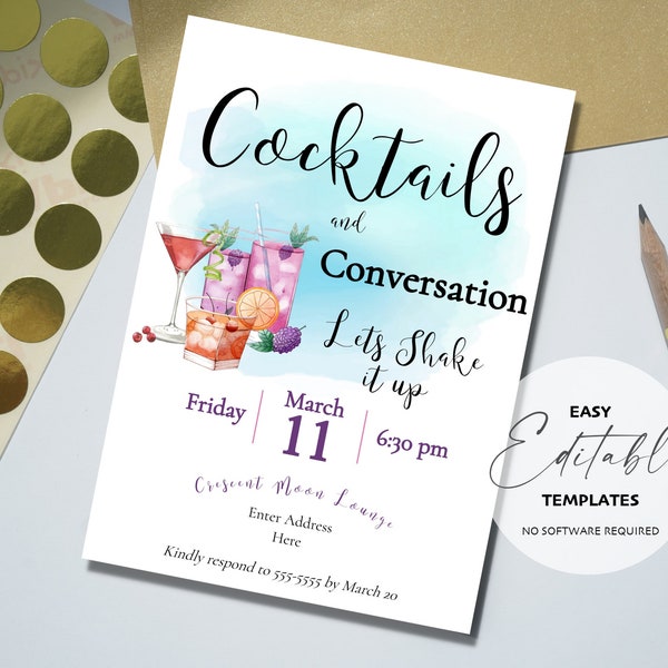 Printable 'Cocktails and Conversation' Party Invitation Template | Edit, Download and Print