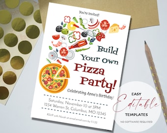 Ausdruckbare Einladungsvorlage für Pizzapartys zum selber ausdrucken, bearbeiten, herunterladen, drucken und teilen