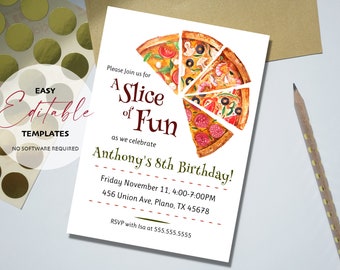 Printable A Slice of Fun Pizza Party Invitation Template, Edit, Download, Print and Share