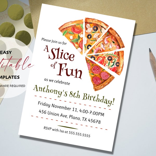 Printable A Slice of Fun Pizza Party Invitation Template, Edit, Download, Print and Share