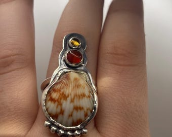 Sterling Silver Scallop Seashell Ring with Citrine and Carnelian and Decorative Balls