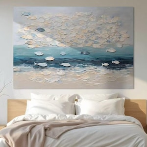 White Blue Seabed Fish Acrylic Painting Thick Textured Fish Canvas Art Shoal of Fish Artwork Custom Seascape Artwork Kid Bedroom Decor