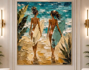 Surfer Girl Wall Art, Beach Girl Painting, Coastal Lifestyle Canvas, Tropical Surf Decor, Modern Beach House Artwork