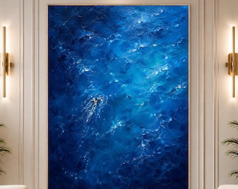 Deep Blue Ocean Painting Aerial Sea View Original Artwork Coastal Wall Art Modern Seascape Painting Large Ocean Decor