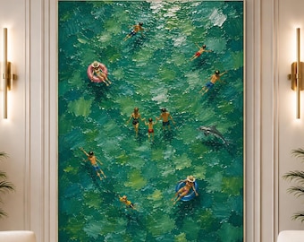 Aerial Ocean Painting, Coastal Lifestyle Art, Family Beach Wall Decor, Abstract Sea Artwork, Luxury Resort Ocean Canvas