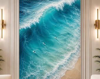 Arte de parede com surf aéreo, pintura do oceano turquesa, tela de praia costeira, decoração moderna para casa de praia, obra de arte de paisagem marítima com surfistas.