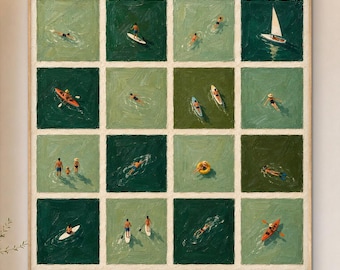 Coastal Lifestyle Collage Painting, Green Ocean Activities Wall Art, Sailing Kayak Swimming Scene, Original Hand Painted Canvas