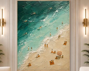 Surf Beach Wall Art, Aerial Ocean Wave Painting, Coastal Lifestyle Canvas, Beach House Decor, Modern Seascape Artwork