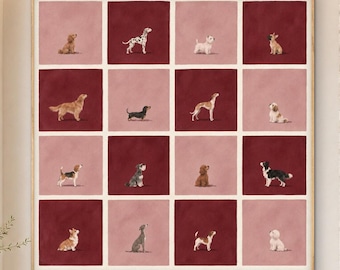 Vintage Dog Breed Collage Painting, Dog Lover Wall Art, Red Pink Animal Artwork, Original Hand Painted Pet Decor