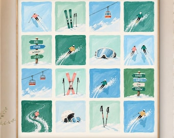 Vintage Ski Resort Collage Oil Painting, Winter Sports Wall Art, Colorful Alpine Skiing Scene, Original Hand Painted Canvas