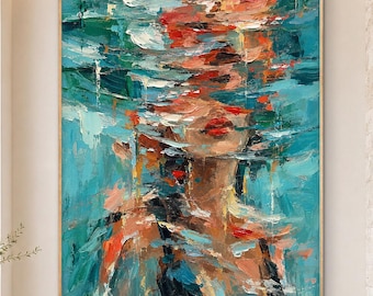 Underwater Female Figure Oil Painting, Textured Wall Art, Turquoise Ocean Art, Original Expressive Swimmer Portrait