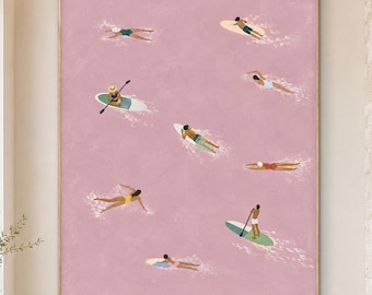 Pink Aerial Swimmers Oil Painting, Paddleboard and Surf Scene, Textured Coastal Art, Original Summer Ocean Painting