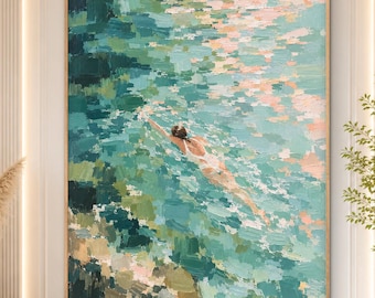 Sunlit Aerial Swimmer Oil Painting, Turquoise Ocean Wall Art, Rocky Coastal Scene, Original Textured Seascape