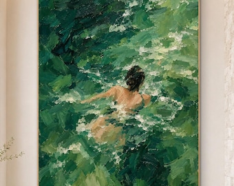 Aerial Swimmer Oil Painting, Textured Green Ocean Scene, Original Coastal Art, Summer Water Painting