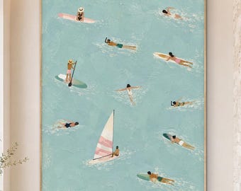 Aerial Ocean Art, Swimmers and Sailboat Scene, Original Oil Painting, Soft Aqua Coastal Art, Textured Summer Seascape
