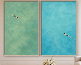 Aerial Swimmers, Diptych Wall Art, Blue Green Ocean Painting, Coastal Art, Original Oil Painting