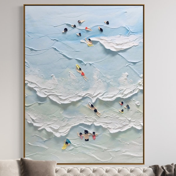 The Beach Joys Ocean Surfing Art, Hand Painted Extra Large Heavy Textured Swimming Oil Painting, Coastal Wall Art