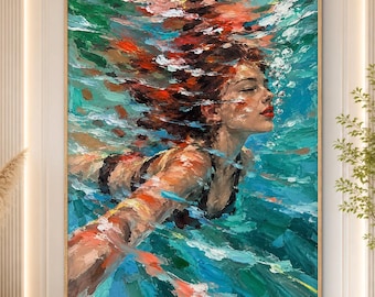 Turquoise Swimmer Oil Painting, Ocean Wall Art, Expressive Female Figure, Original Textured Coastal Art