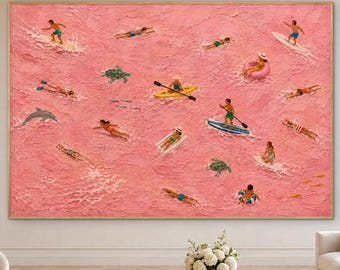 Pink Ocean Swimmers Oil Painting, Aerial Surfer & Dolphin Canvas Art, Heavy Texture Pink Beach Decor, Large Modern Wall Artwork