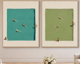 Pool Diptych Wall Art, Set of 2 Swimming Pool Paintings, Modern Minimalist Canvas, Luxury Resort Decor, Contemporary Wall Art