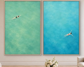 2 Piece Wall Art, Minimalist Aerial Ocean Figures, Aqua Blue Oil Painting, Original Coastal Art