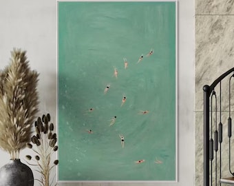 Pintura personalizada em tela abstrata do oceano, arte de parede grande com tema do mar verde, presente perfeito para amantes da natação ou amigos.