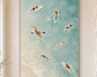 Aerial Ocean Activities Wall Art, Paddleboard Kayak and Swimmers, Original Textured Oil Painting, Sage Green Coastal Scene
