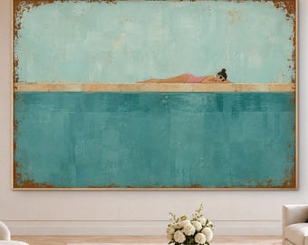 Minimalist Coastal Art, Aqua Poolside Figure, Original Oil Painting, Textured Summer Scene, Serene Seaside Artwork