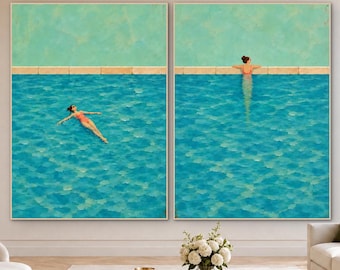 Aqua Pool Swimmers Oil Painting, Diptych Wall Art, Minimalist Swimming Pool Scene, Original Textured Summer Art