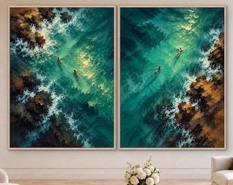 Rocky Coast Swimmers Oil Painting, 2 Piece Wall Art, Deep Teal Ocean Art, Original Textured Coastal Scene