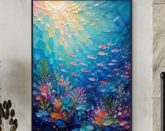 Underwater Ocean Art, Colorful Coastal Canvas, Tropical Fish Wall Art, Coral Reef Painting, Beach House Decor, Marine Artwork
