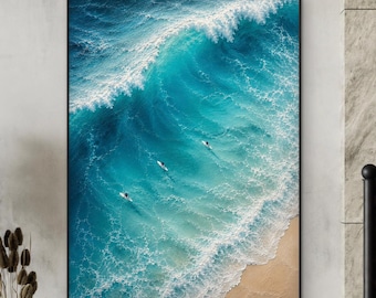 Arte mural aéreo de surf, pintura del océano turquesa, lienzo de playa costera, decoración moderna para casa de playa, obra de arte de paisaje marino con surfistas.