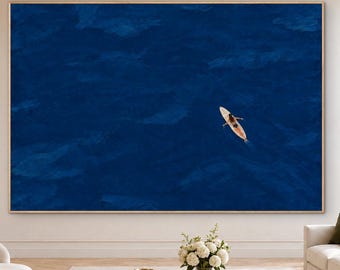 Deep Blue Ocean Art, Aerial Paddleboarder Oil Painting, Minimalist Coastal Scene, Original Textured Seascape