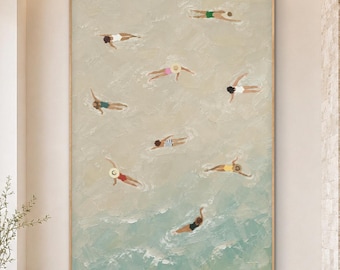 Aerial Swimmers Wall Art, Neutral Beige Ocean Scene, Original Oil Painting, Textured Coastal Summer Art