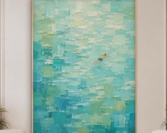 Pintura minimalista del océano, arte mural de nadadores, lienzo de agua azul, decoración costera moderna, pintura abstracta del mar.