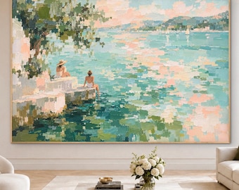 Textured Coastal Painting, Seaside Women by Turquoise Water, Original Oil Painting, Sailboat Summer Scene