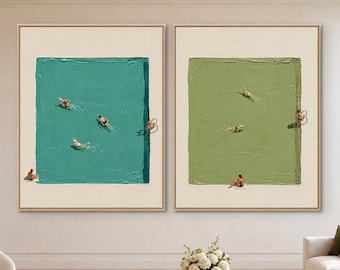 Pool Diptych Wall Art, Set of 2 Swimming Pool Paintings, Modern Minimalist Canvas, Luxury Resort Decor, Contemporary Wall Art
