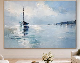 Misty Sailboat Oil Painting, Coastal Wall Art, Original Blue Ocean Art, Serene Hand Painted Seascape
