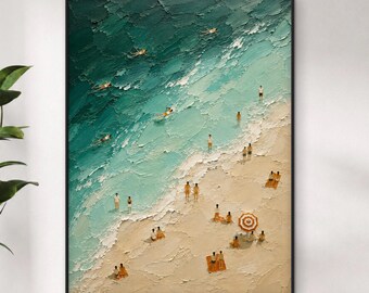 Surf Beach Wall Art, Aerial Ocean Wave Painting, Coastal Lifestyle Canvas, Beach House Decor, Modern Seascape Artwork