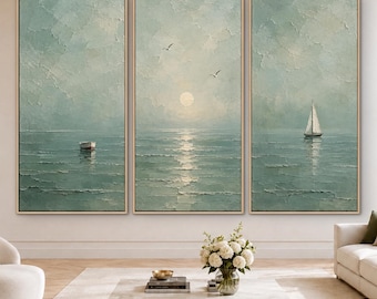 Triptych Wall Art, Sage Green Ocean Oil Painting, Textured Sailboat Seascape, Original Coastal Art