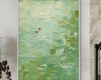 Pintura minimalista del océano, arte abstracto para pared con temática marina, obra de arte de nadadores, decoración costera verde, arte moderno para casas de playa.